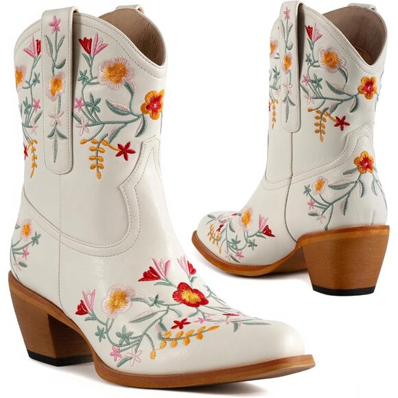 Women's Chunky Heel Ankle Snip Square Toe Flower Embroidered Western White Boot - Picture 8 of 8